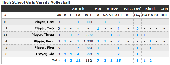 Simple Box Score Volleyball Report